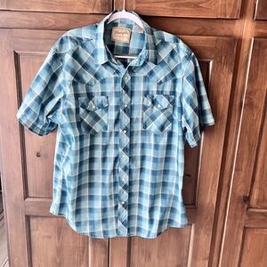 WRANGLER-MEN'S Blue/Teal Plaid Pearl Snap Short Sleeve Western Shirt Size XL